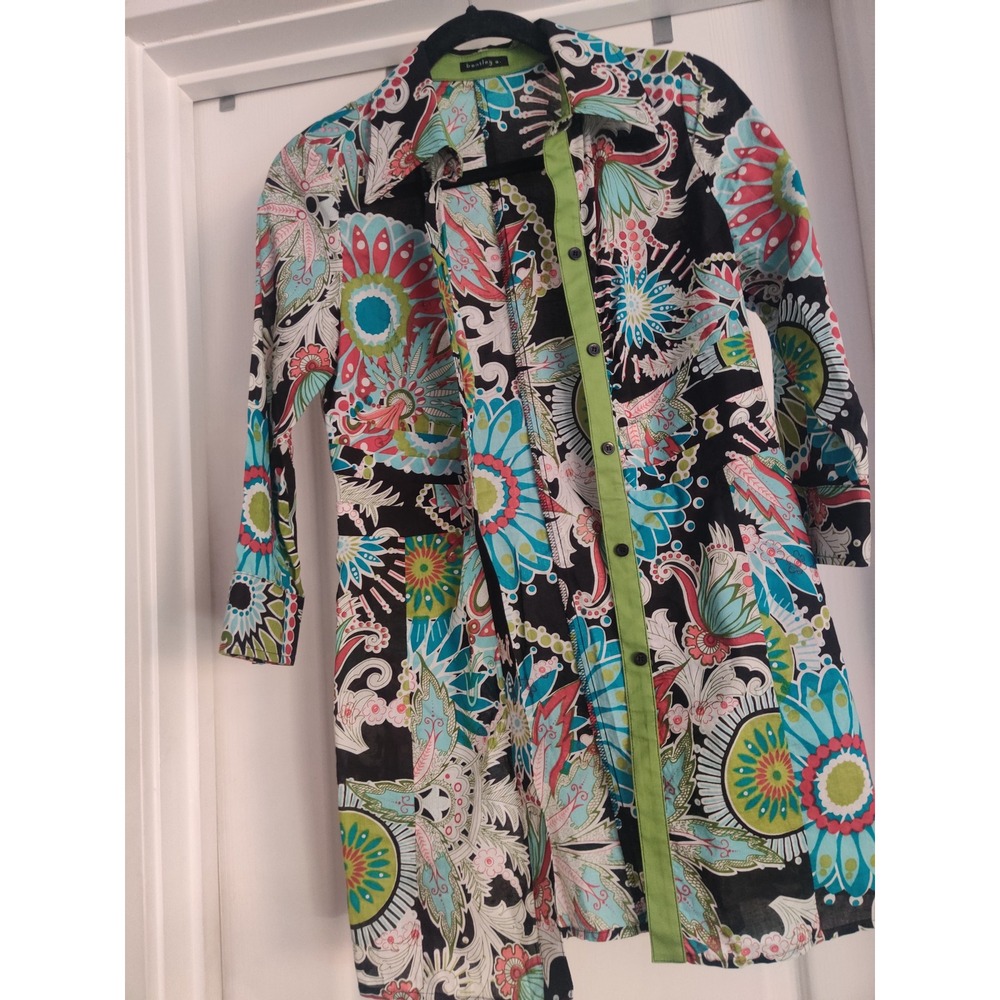 Retro Bentley A. Floral Paisley Shirt Dress Vibrant Psychedelic Lime Green Trim - Picture 4 of 6